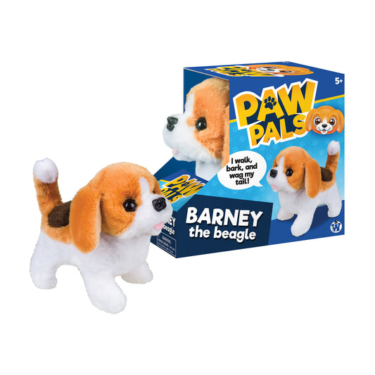 Paw Pals Barney the Beagle interactive plush toy with orange and white fur next to product box
