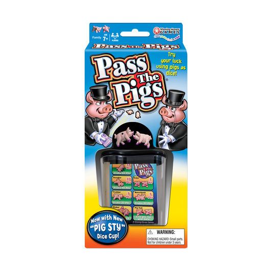 Pass the Pigs board game package with blue box featuring two pig characters in top hats and a black dice cup containing small pig-shaped game pieces