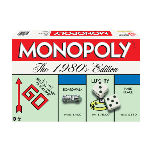 Monopoly The 1980s Edition board game box showing classic gameplay spaces including GO, Boardwalk, Luxury, and Park Place with dice and game pieces