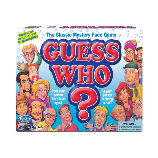 Guess Who? Classic Mystery Face Game box featuring illustrated character faces and game title with question mark