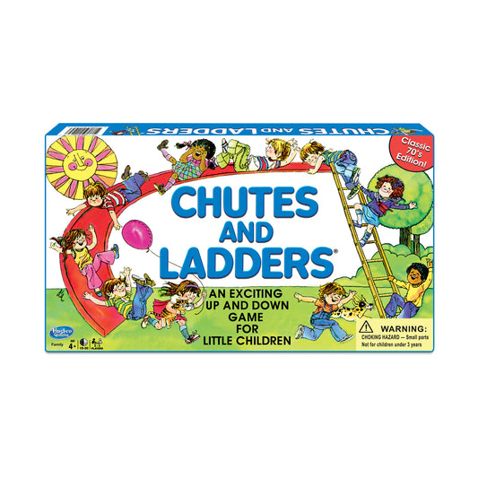 Classic Chutes and Ladders Retro 1978 Edition board game box showing illustrated children playing on a slide and climbing a ladder, with sun and green tree, blu