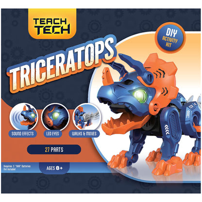 Teach Tech Triceratops robot toy with LED eyes, sound effects, and moving parts in blue and orange