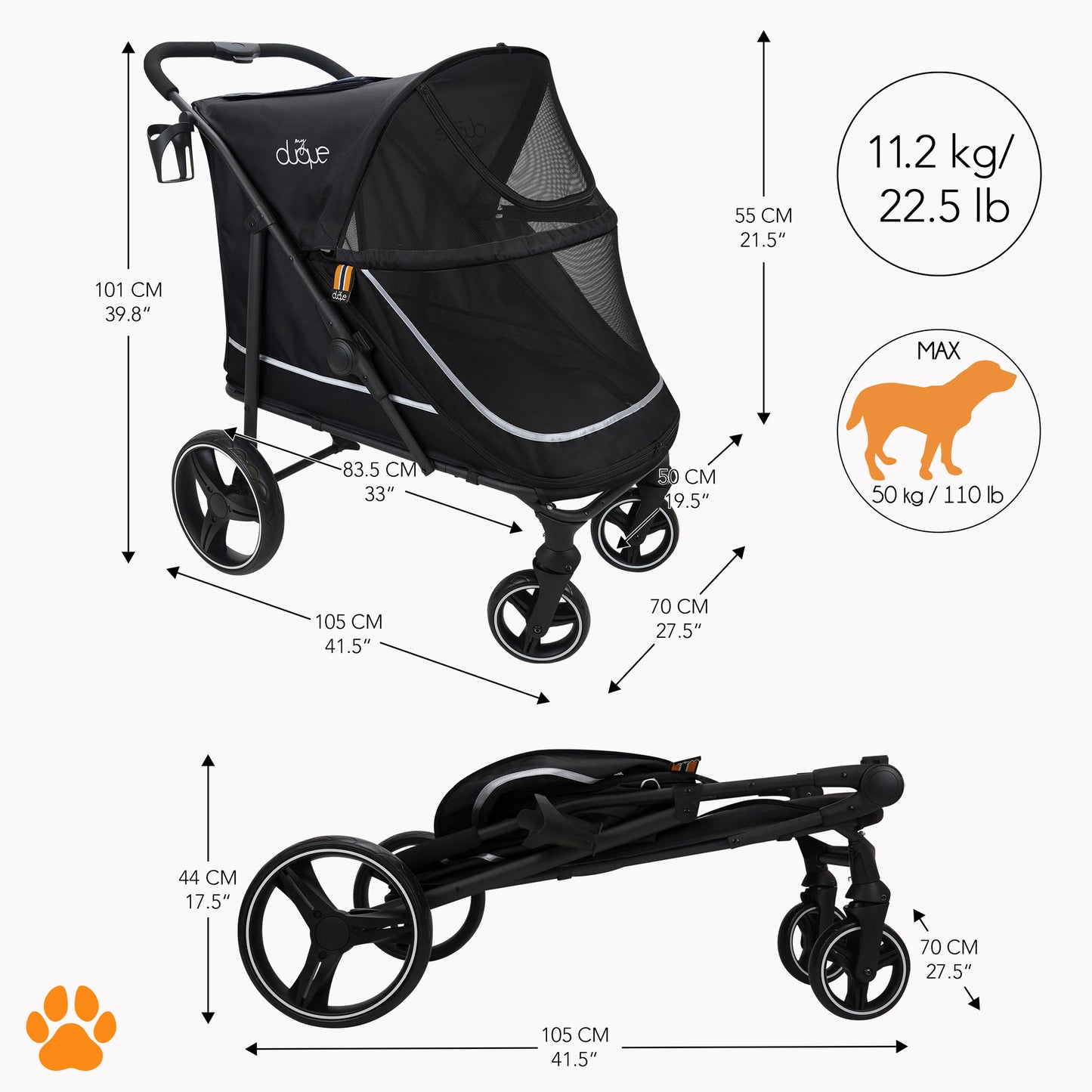 Duque CHAMP Black Pet Stroller with dimensions and weight capacity up to 110lbs