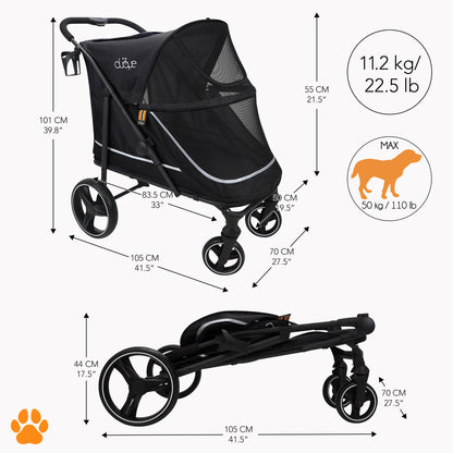 Duque CHAMP Black Pet Stroller with dimensions and weight capacity up to 110lbs