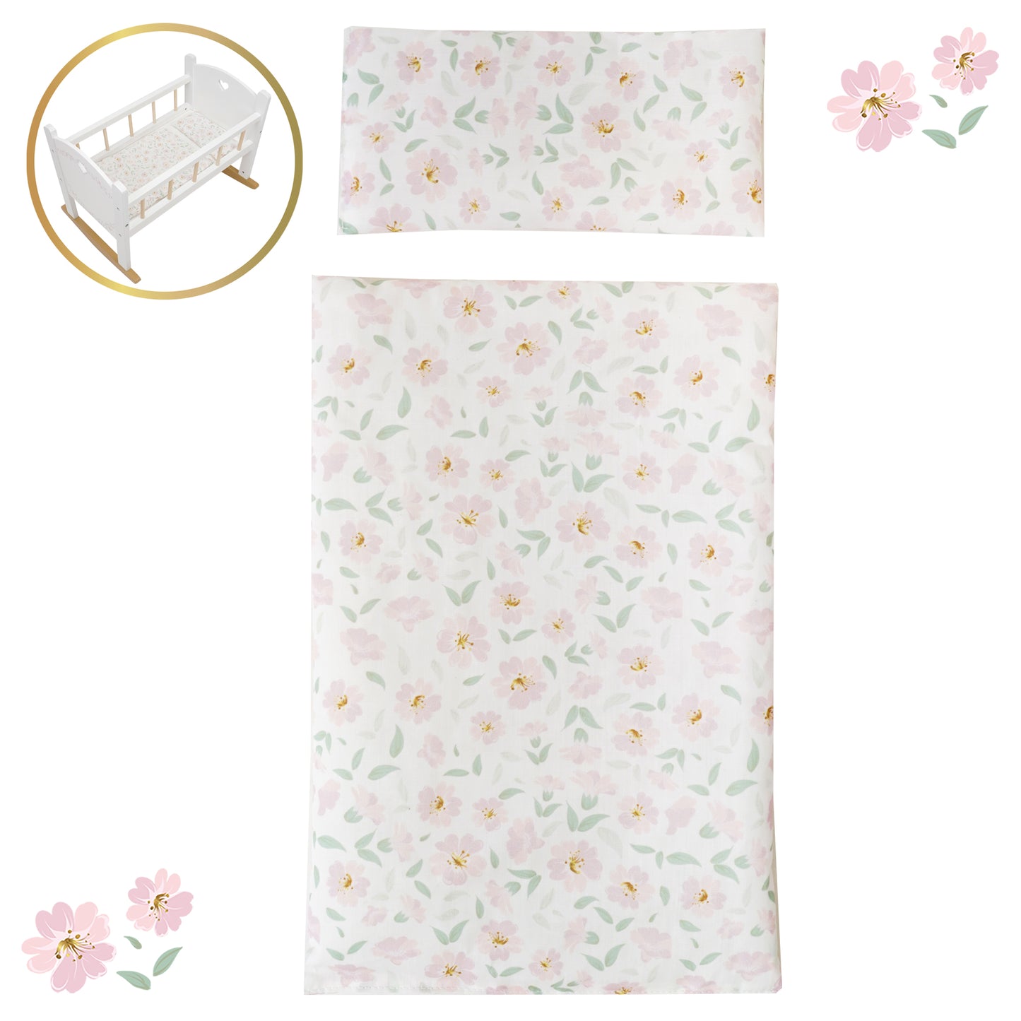 Little Flora Wooden Doll Cradle with pink floral bedding set