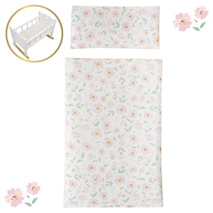Little Flora Wooden Doll Cradle with pink floral bedding set