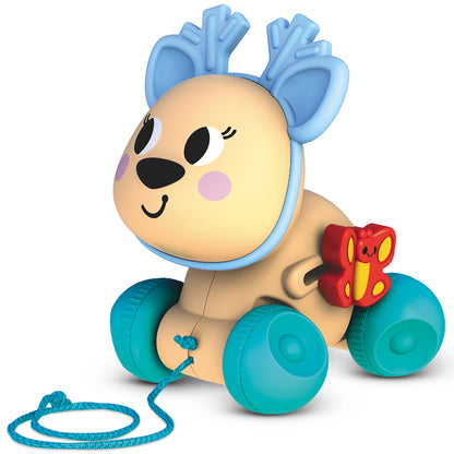 Push & Pull Deer toy with tan body, blue ears, teal wheels, and red butterfly rattle