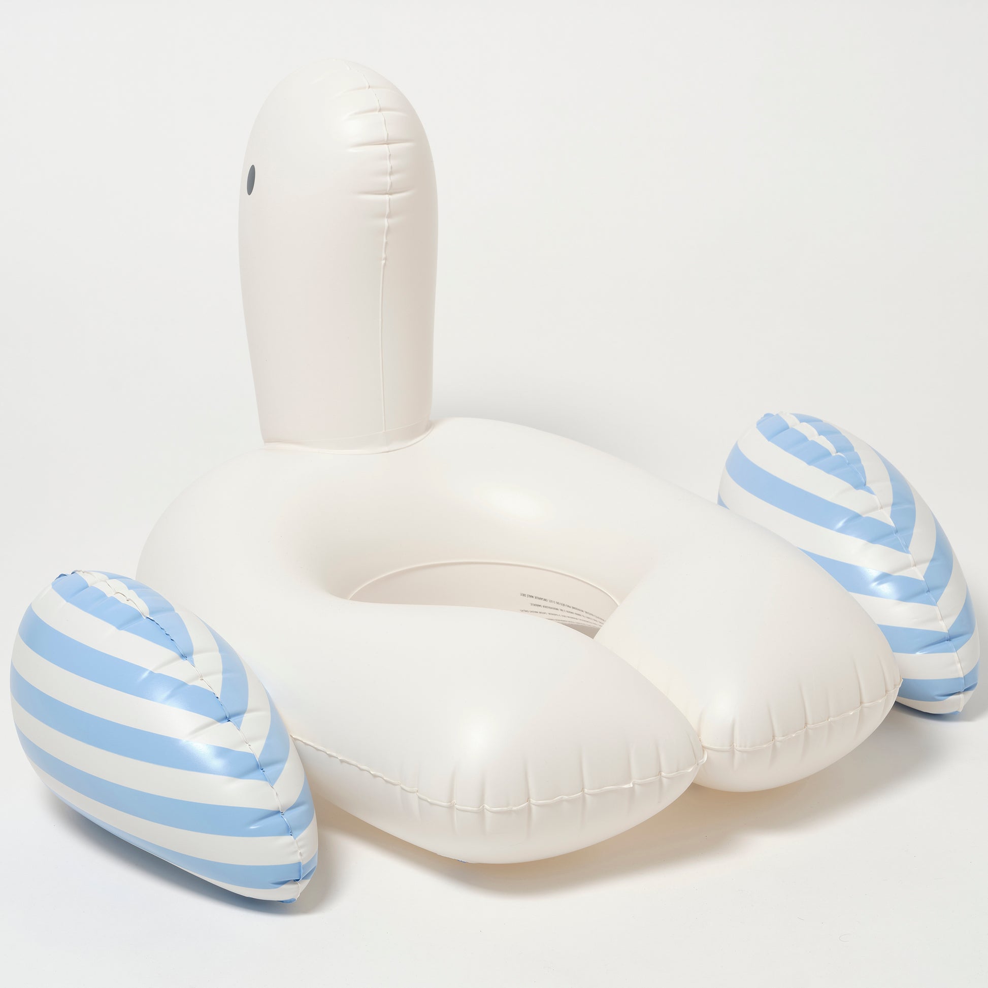 Sammy the Seagull inflatable pool ring with blue and white stripes and white seat