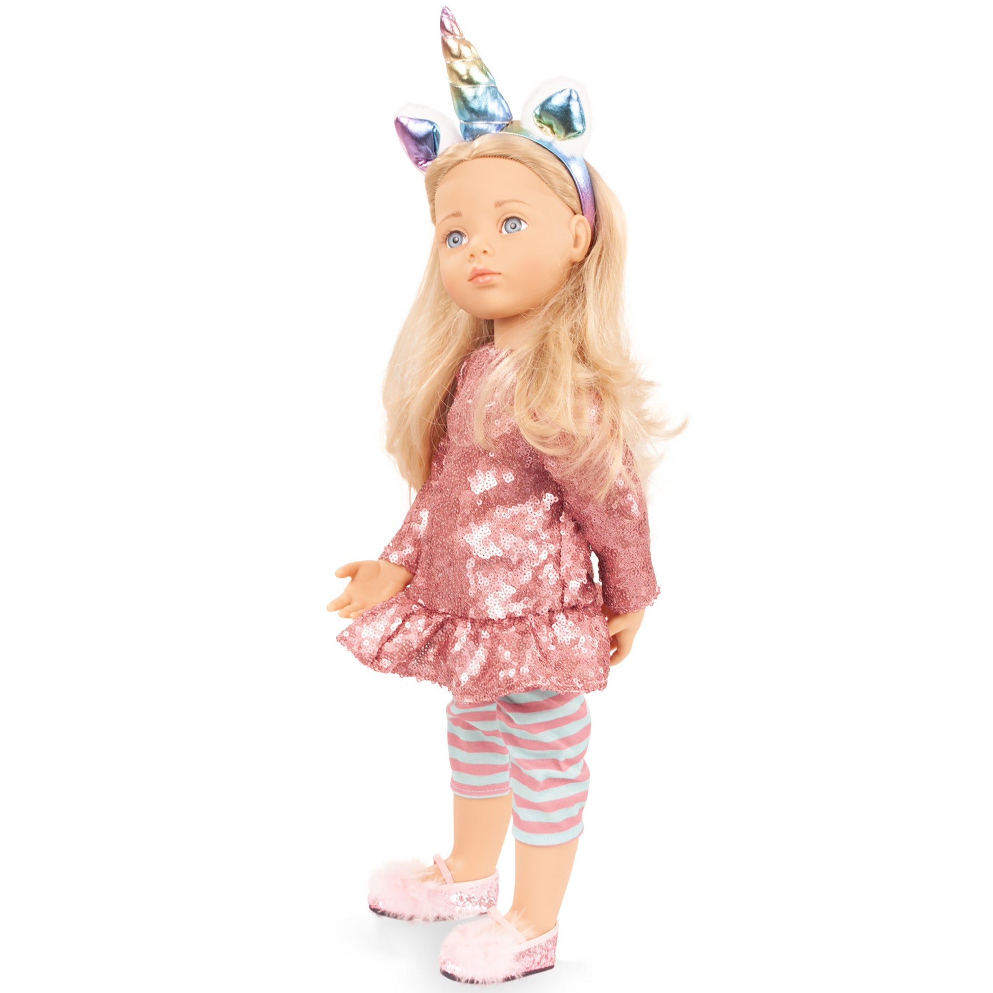 Gotz Happy Kidz Anna Unicorn 19.5 inch doll with blonde hair, pink sequin dress, striped leggings and rainbow unicorn...