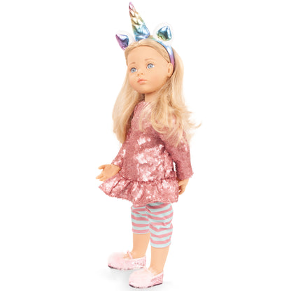 Gotz Happy Kidz Anna Unicorn 19.5 inch doll with blonde hair, pink sequin dress, striped leggings and rainbow unicorn...