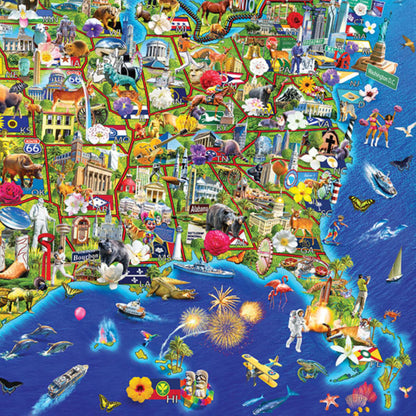 Eurographics US Wonders 2000 piece jigsaw puzzle featuring colorful illustrated USA map with landmarks and flowers