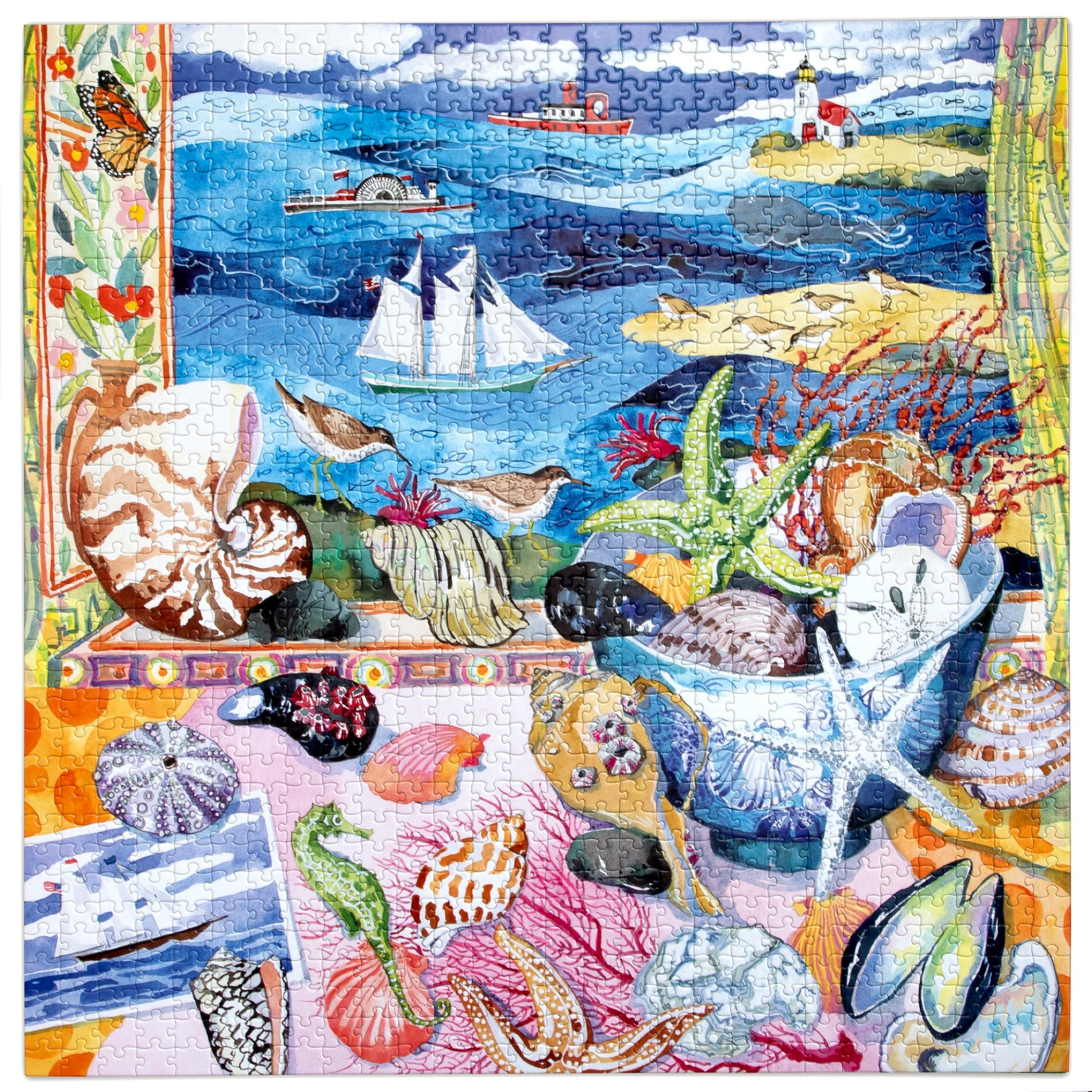 eeBoo Seashells by the Shore 1000-piece jigsaw puzzle featuring colorful coastal seascape with sailboats, sea creatur...