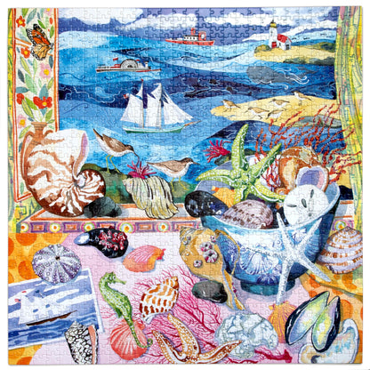 eeBoo Seashells by the Shore 1000-piece jigsaw puzzle featuring colorful coastal seascape with sailboats, sea creatur...