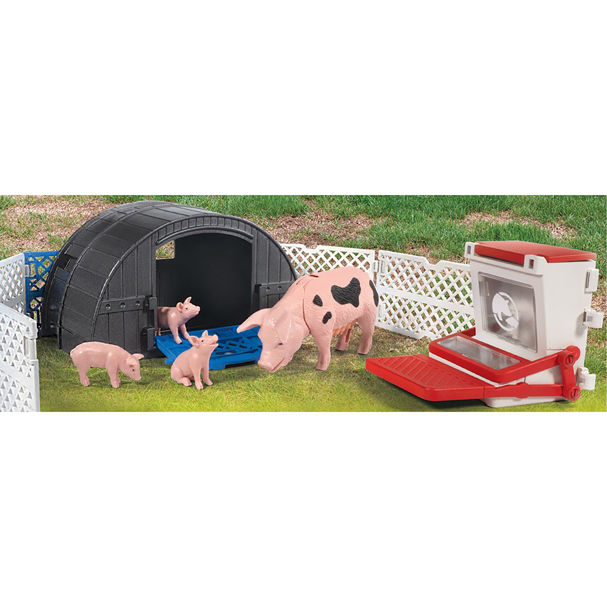 Big Country Toys Pig Hut Adventure playset with black hut, pink pigs, and red farm accessories