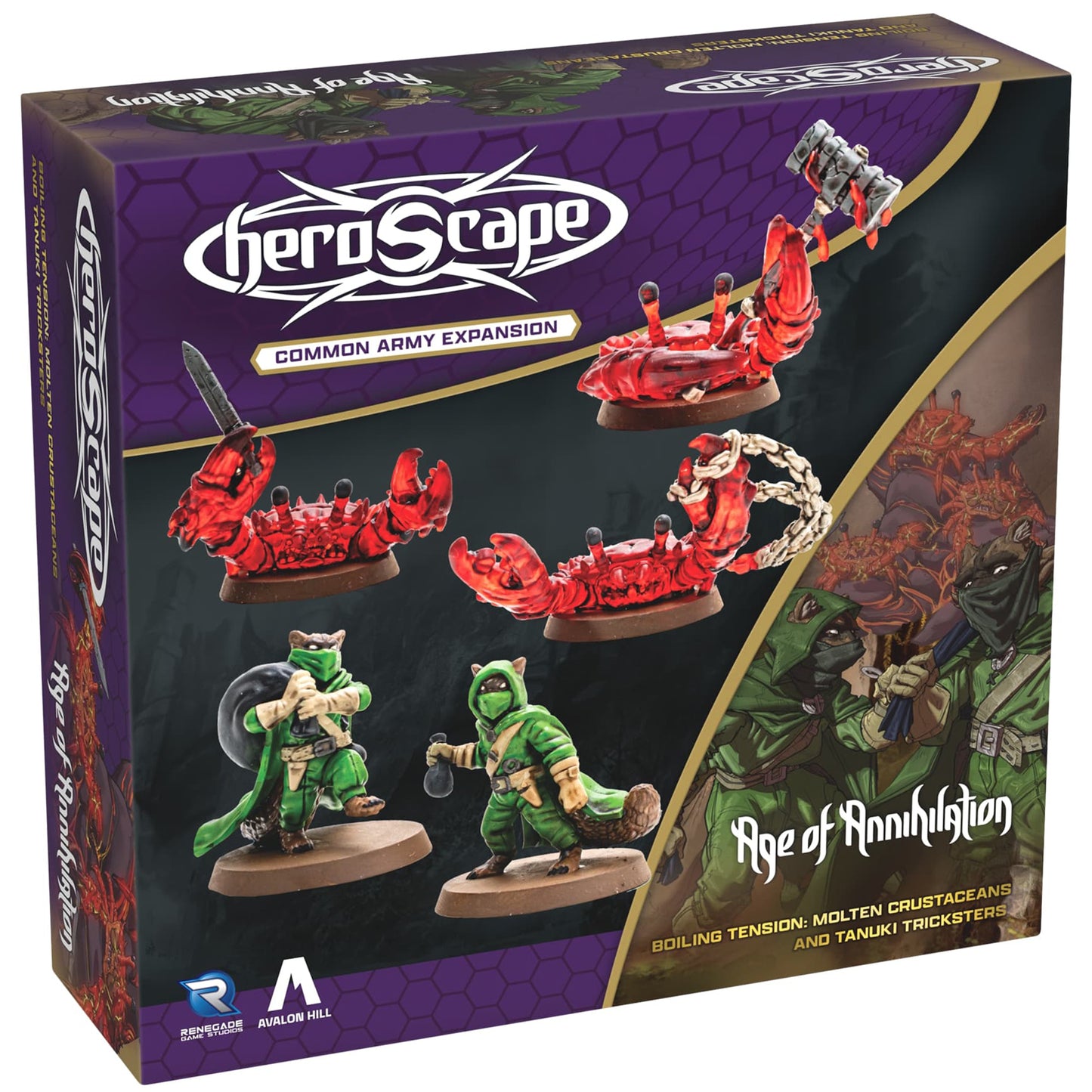 Heroscape Common Army Expansion with red crustacean and green tanuki miniature figures