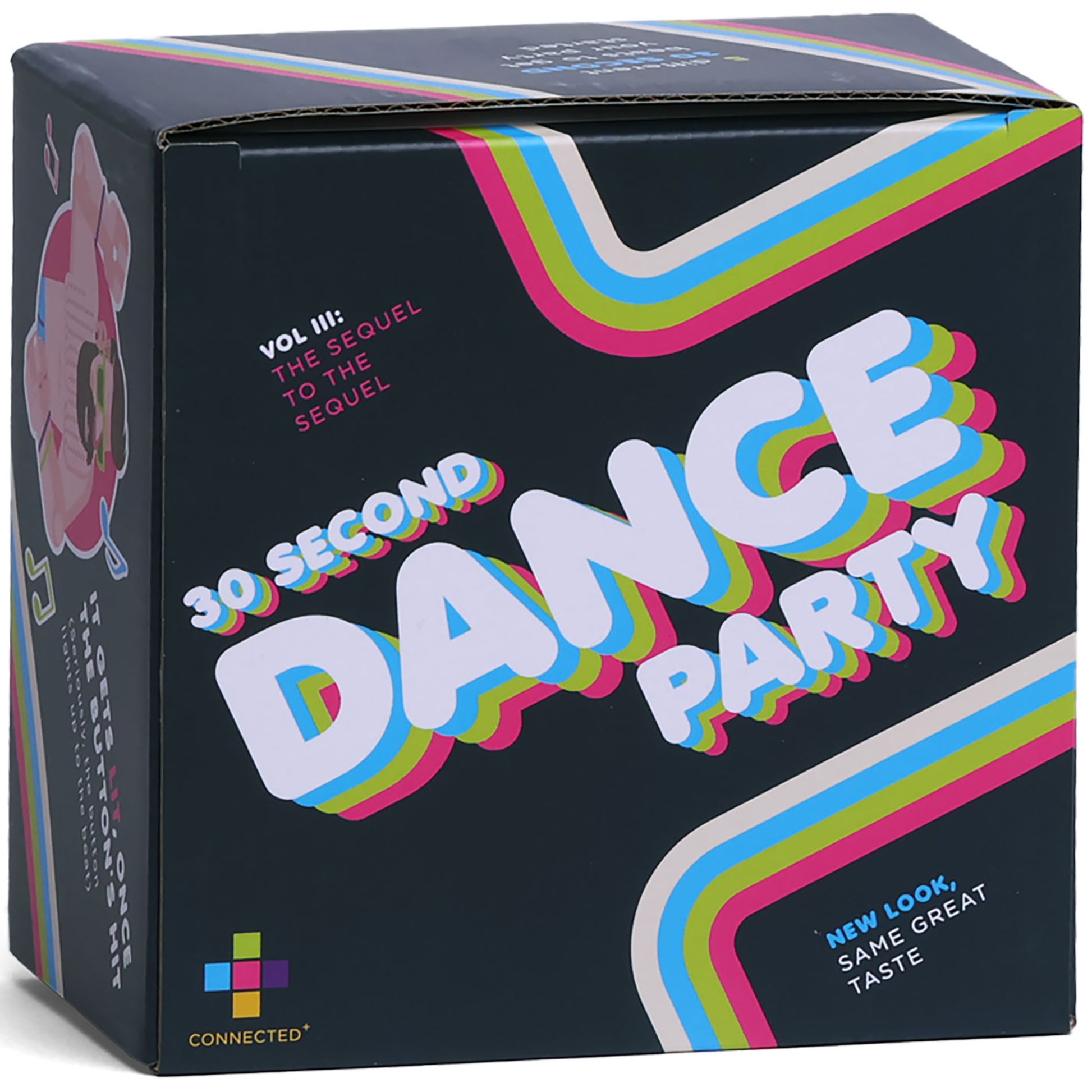 30 Second Dance Party Volume 3 button toy with colorful rainbow stripes on black box