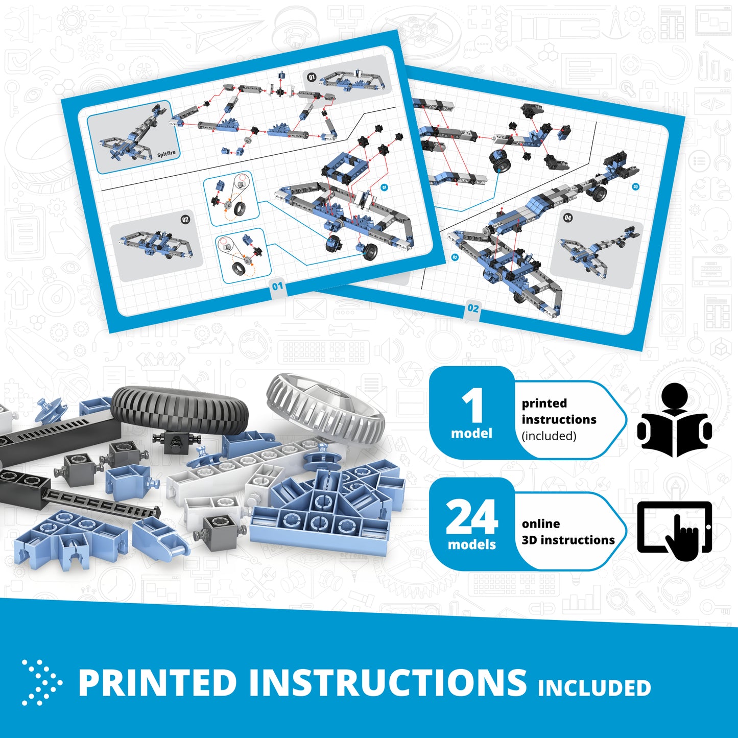 Engino Creative Builder 25-in-1 multimodel STEM construction set with blue and gray plastic building blocks and instr...