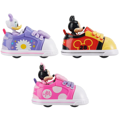 Disney Jr. Kicks Pull-Back Vehicles 3-pack with purple Daisy, red Mickey, and pink Minnie shoe-shaped friction cars