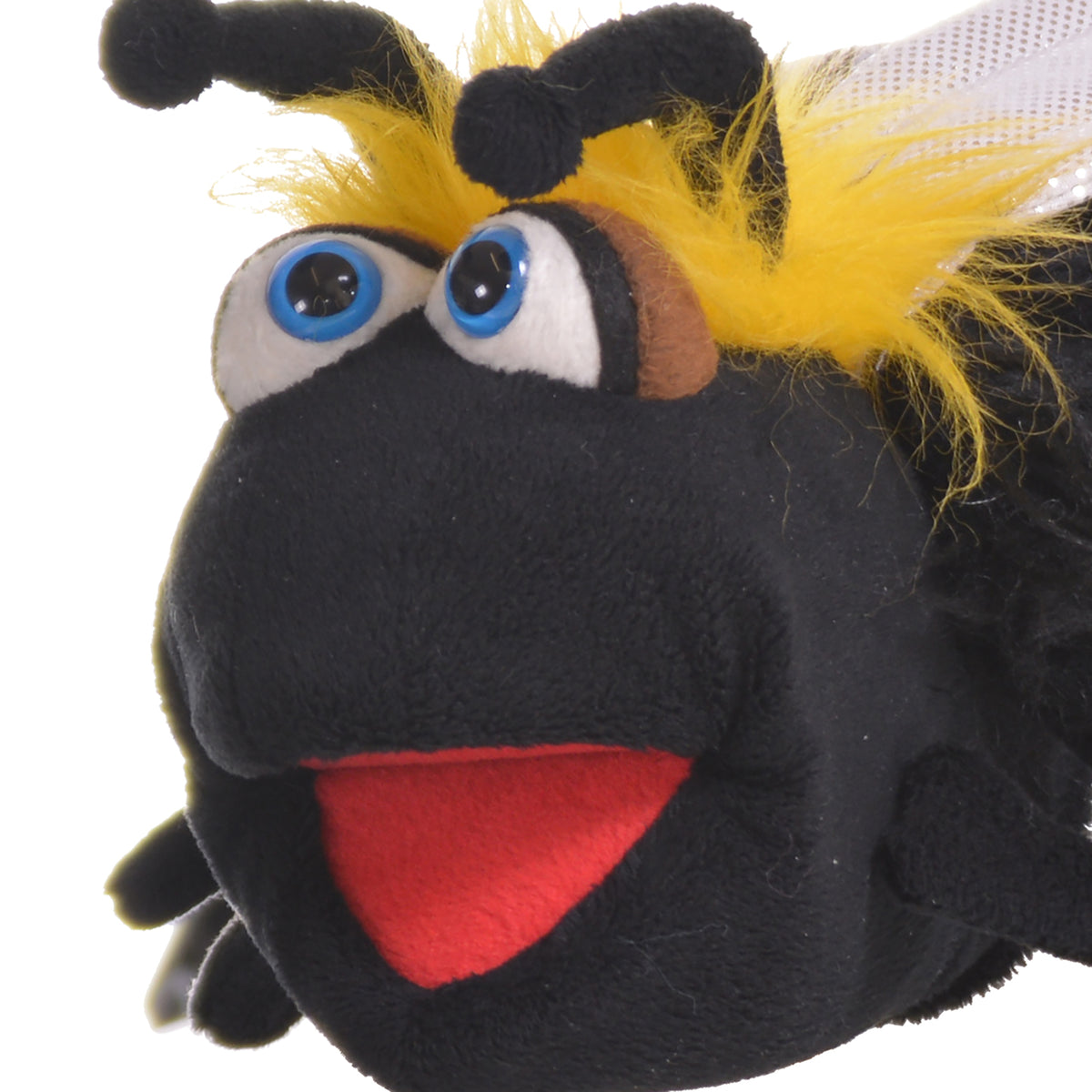 Living Puppets: Biz The Bumble Bee hand puppet with black body, red mouth, blue eyes, yellow wings and antennae