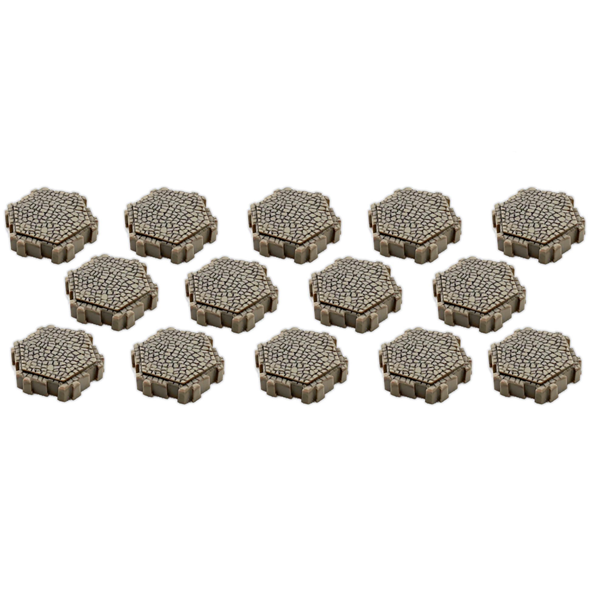 Heroscape Roads of Valhalla terrain expansion pack showing 14 hexagonal stone road tiles with tan and gray coloring