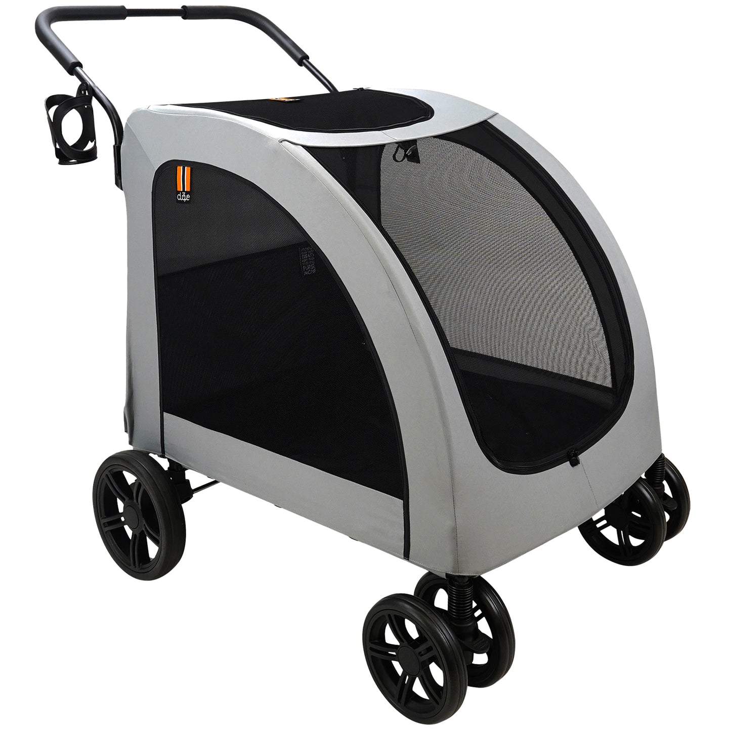 My Duque Chester grey pet stroller with mesh windows and black wheels for dogs up to 110lbs