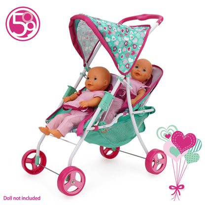 509 Crew Mint Heart Tandem Twin Doll Stroller with pink and teal design