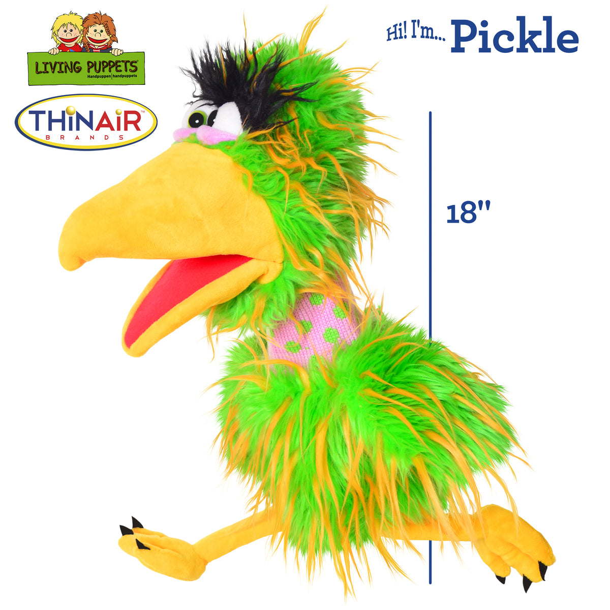Living Puppets Pickle The Bird hand puppet, 18 inches tall, featuring green and yellow feathers, yellow beak, and bla...