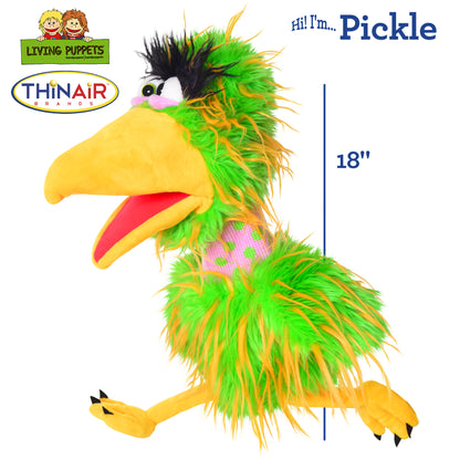Living Puppets Pickle The Bird hand puppet, 18 inches tall, featuring green and yellow feathers, yellow beak, and bla...