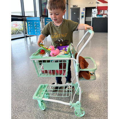 Roma Rupert Shopping Trolley in mint green with child playing, includes toy accessories