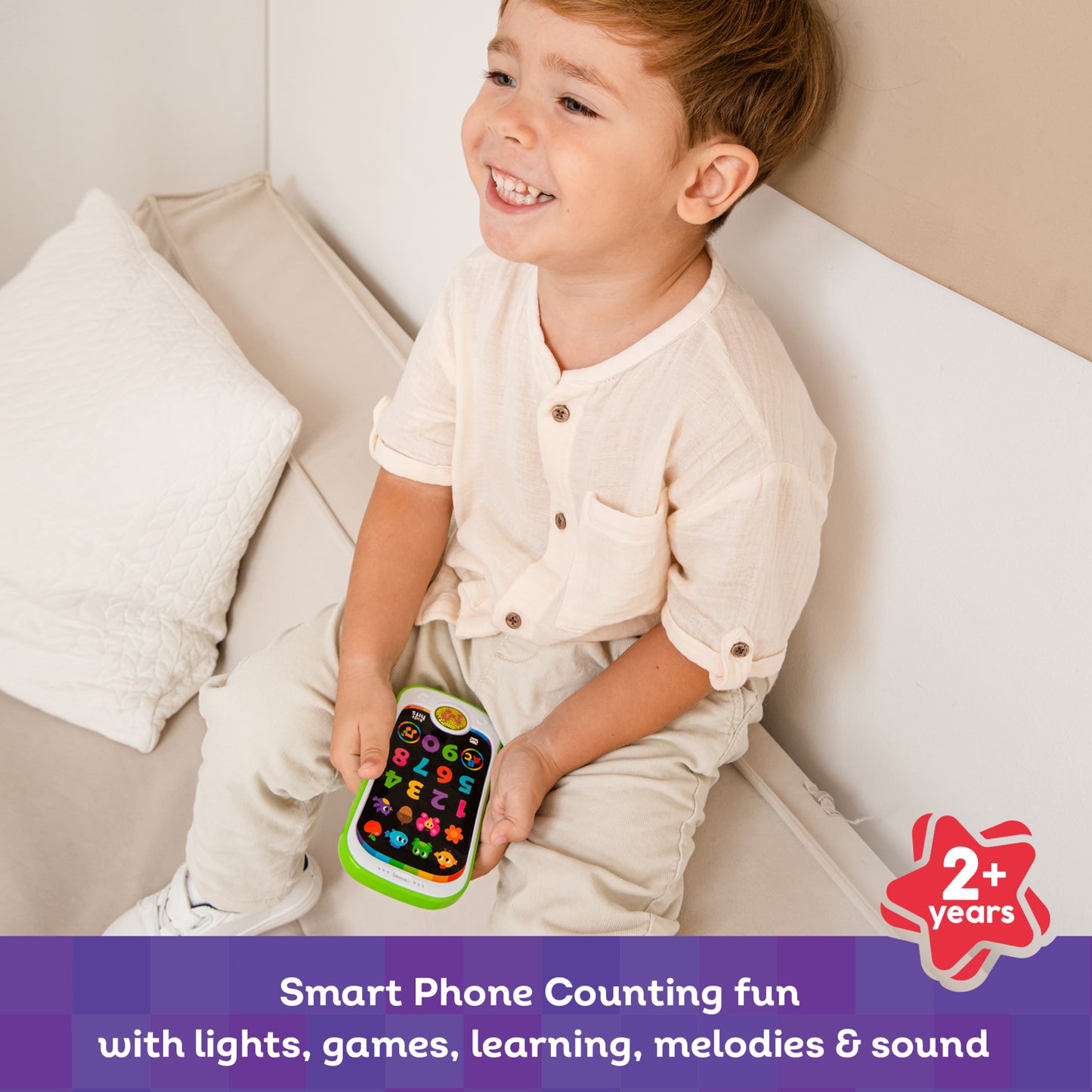 Kids Hits Smart Phone toy with colorful lights and numbers, toddler playing with green and black interactive learning...