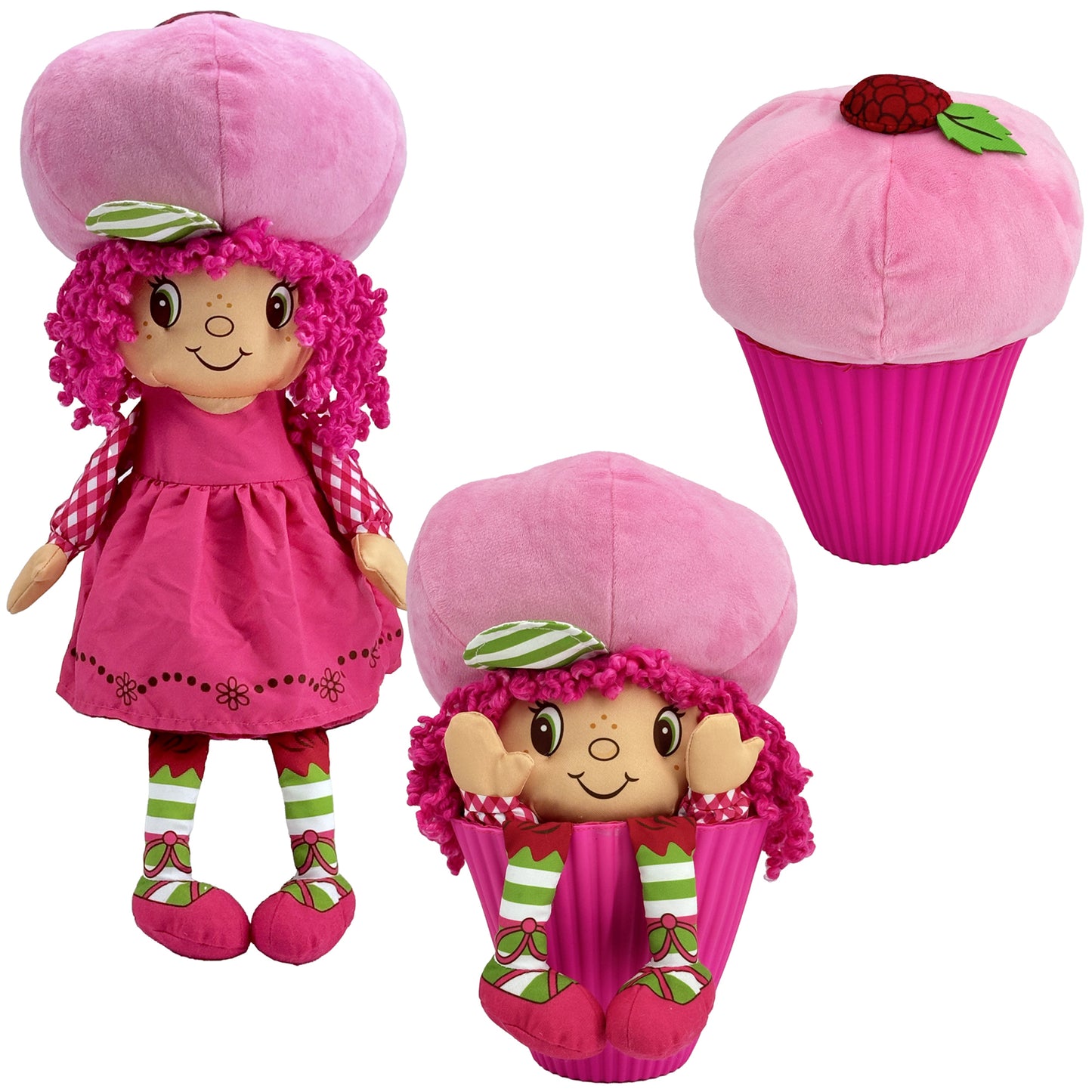 Strawberry Shortcake Pop 'n' Flip Raspberry Torte 15-inch plush doll with pink hair and cupcake hat