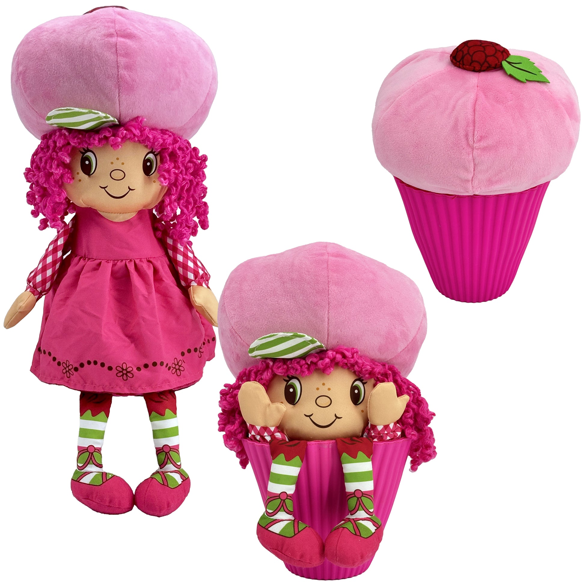 Strawberry Shortcake Pop 'n' Flip Raspberry Torte 15-inch plush doll with pink hair and cupcake hat