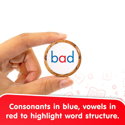 Snacks CVS educational cookie toy showing 'bad' word with blue consonants and red vowels