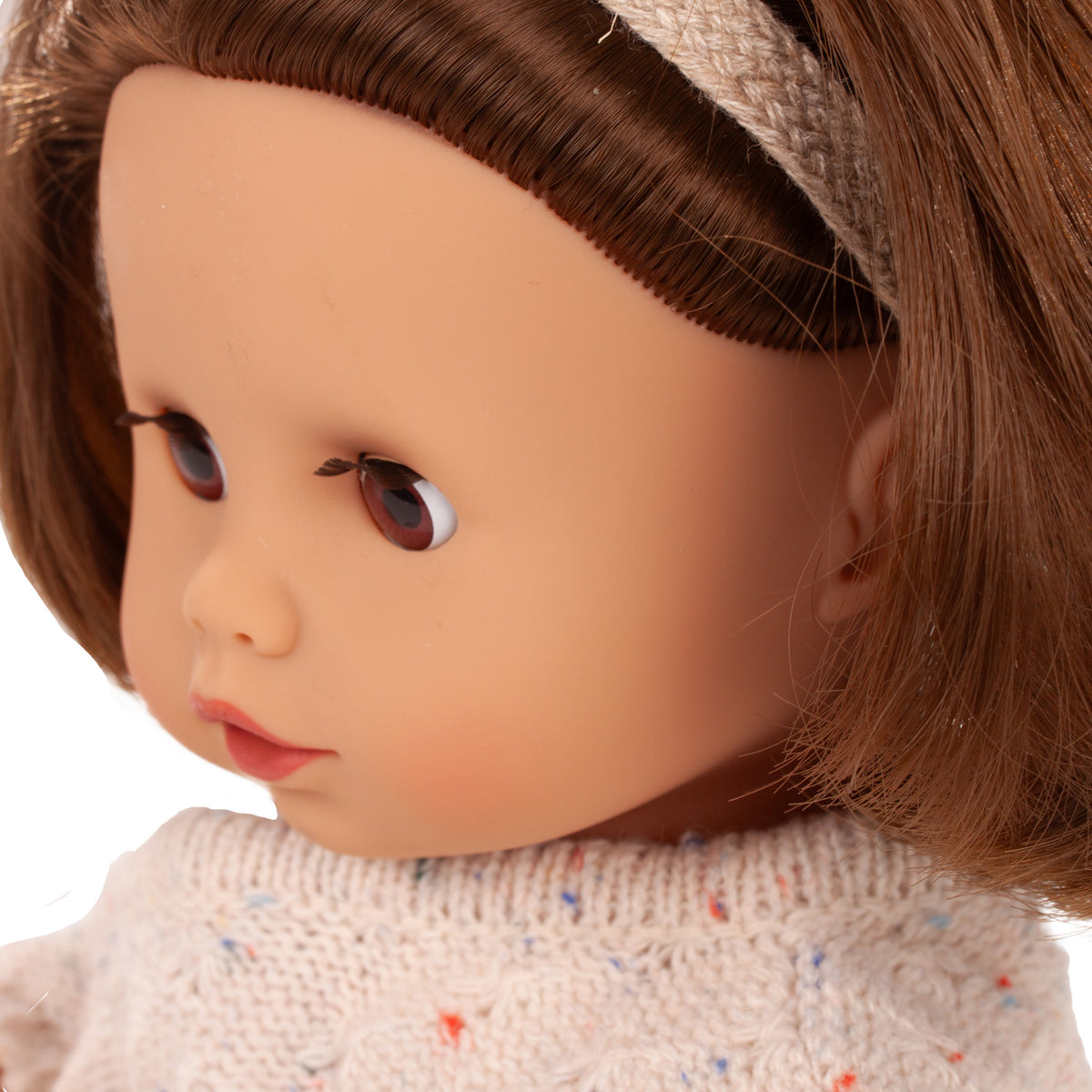 Muffin Doll 13" soft doll with brown hair, sleeping eyes, beige knit jumpsuit and headband