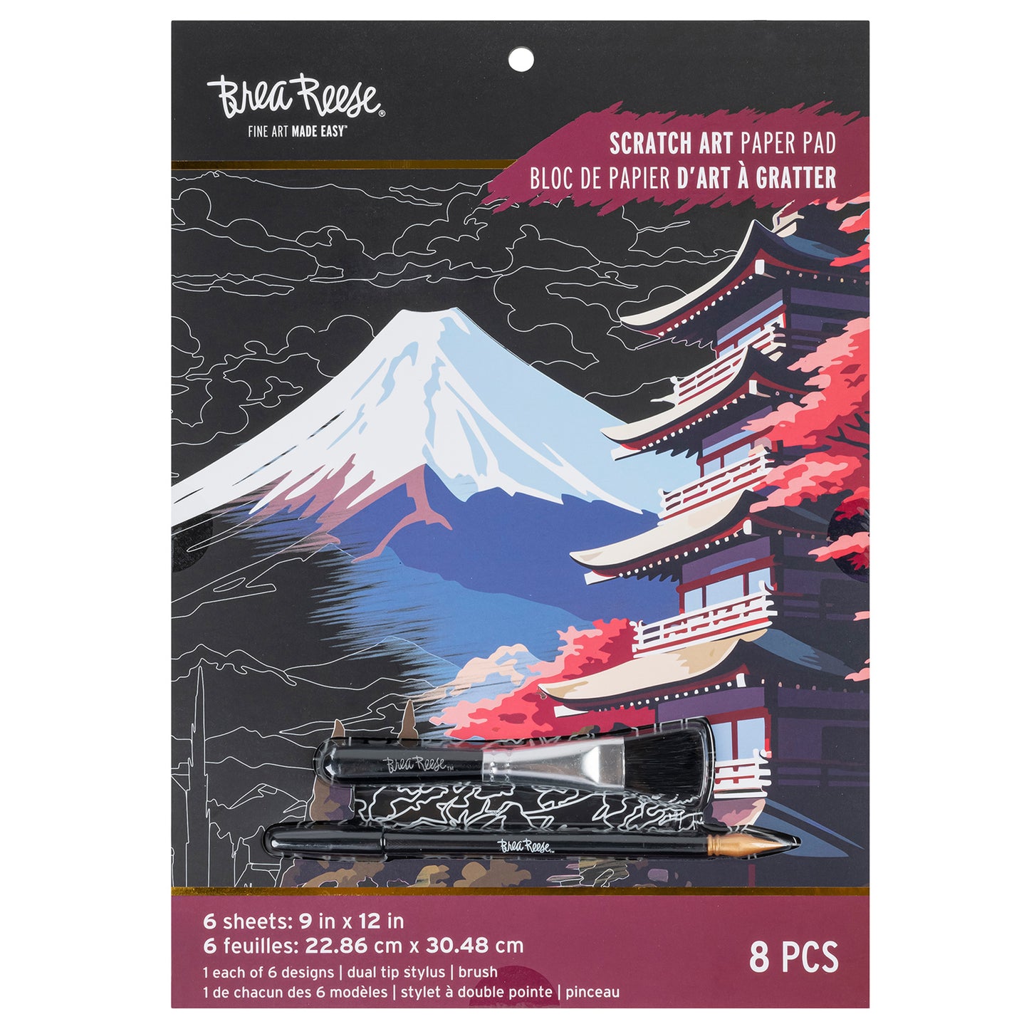 Brea Reese Scratch Art Paper Pad with Mount Fuji design, includes brush and stylus tools