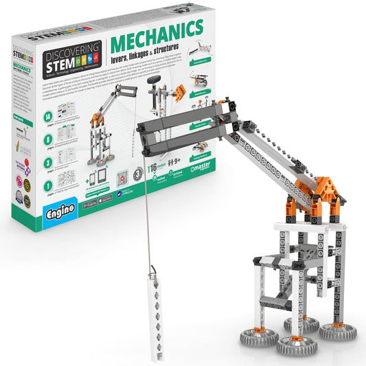 Engino Discovering STEM Mechanics building set with orange and gray crane model demonstrating levers and linkages