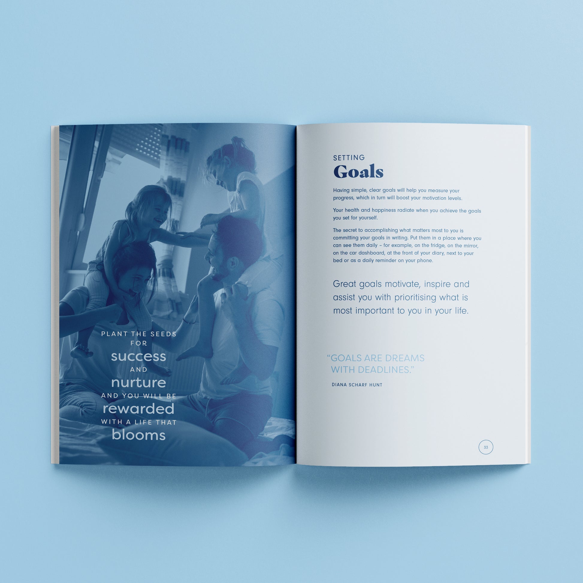 Elevate Vision Board Kit open book showing goal-setting guide with blue tones