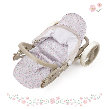 509 Crew Little Flora Mabelle Duo Twin Doll Stroller with pink floral fabric and beige frame