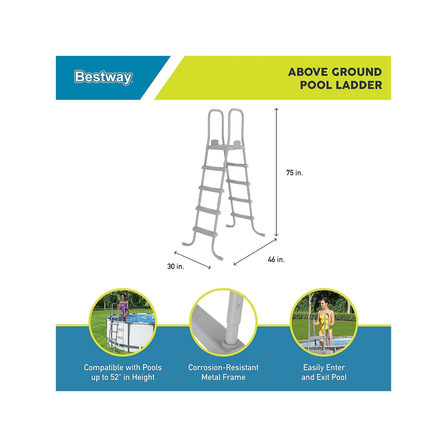 Bestway: 52" Steel Above Ground Swimming Pool Ladder No-Slip Steps