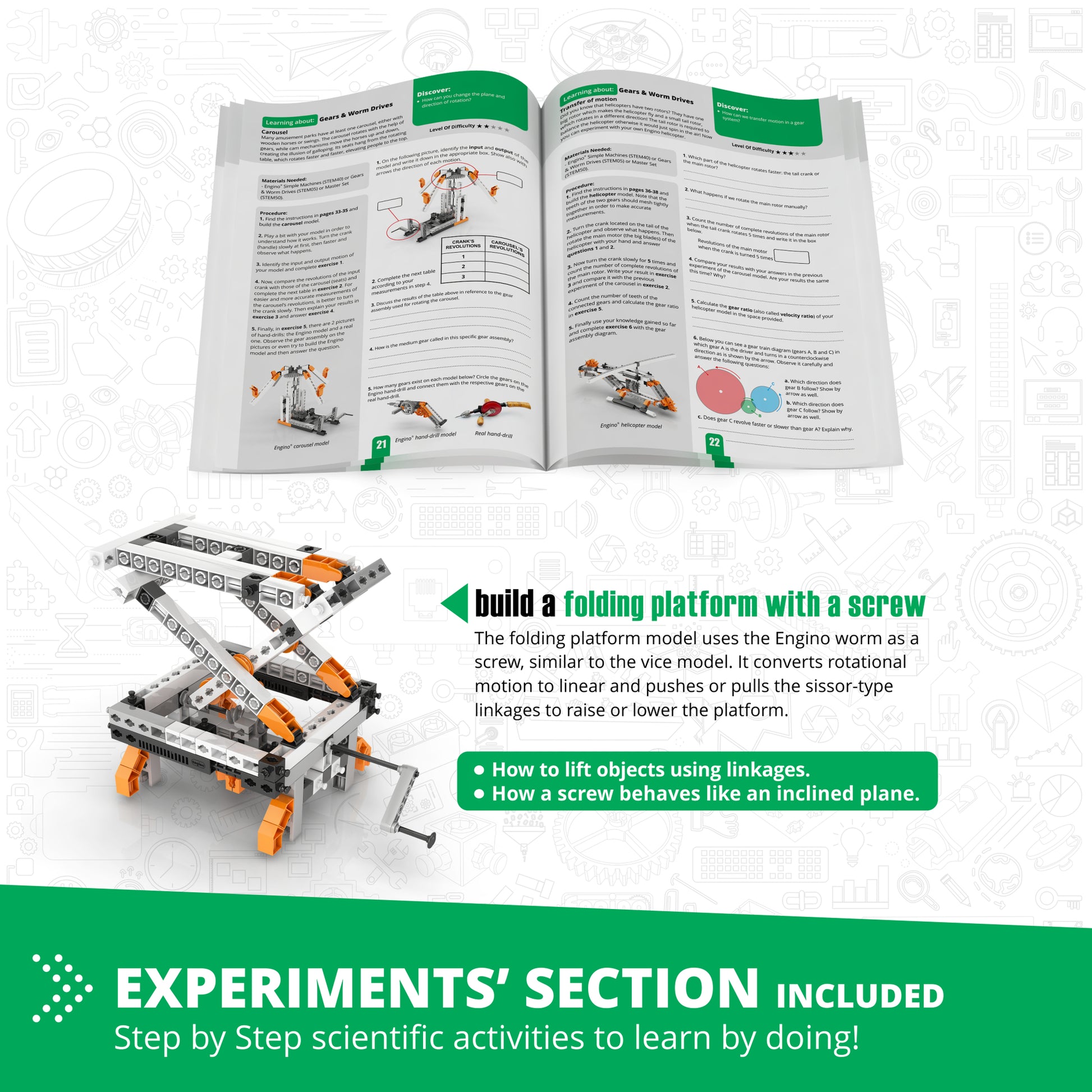 Engino Gears & Worm Drives STEM building set with orange and white mechanical models and instruction manual