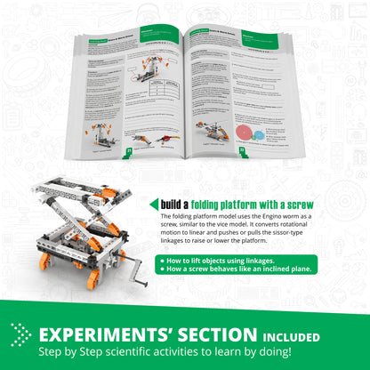 Engino Gears & Worm Drives STEM building set with orange and white mechanical models and instruction manual