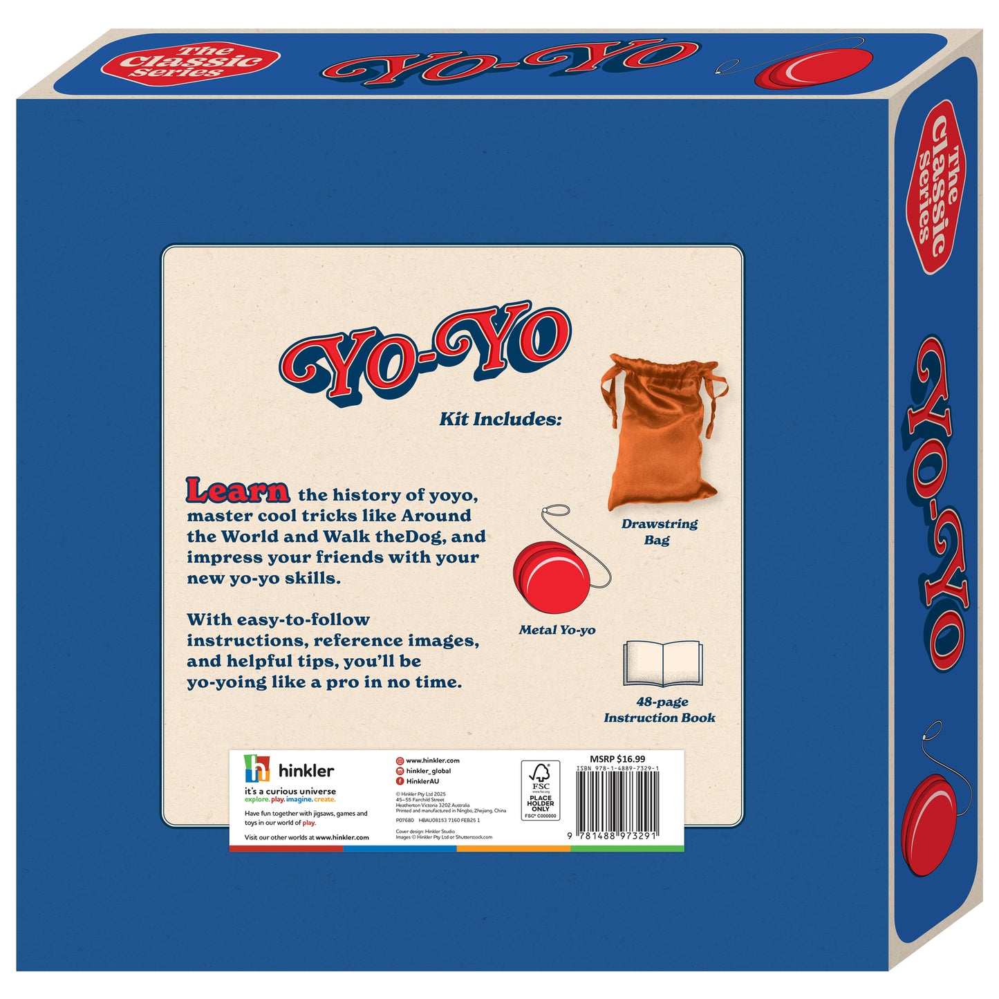 Hinkler Retro Box Learn Yoyo kit with red metal yo-yo, orange drawstring bag, and instruction book