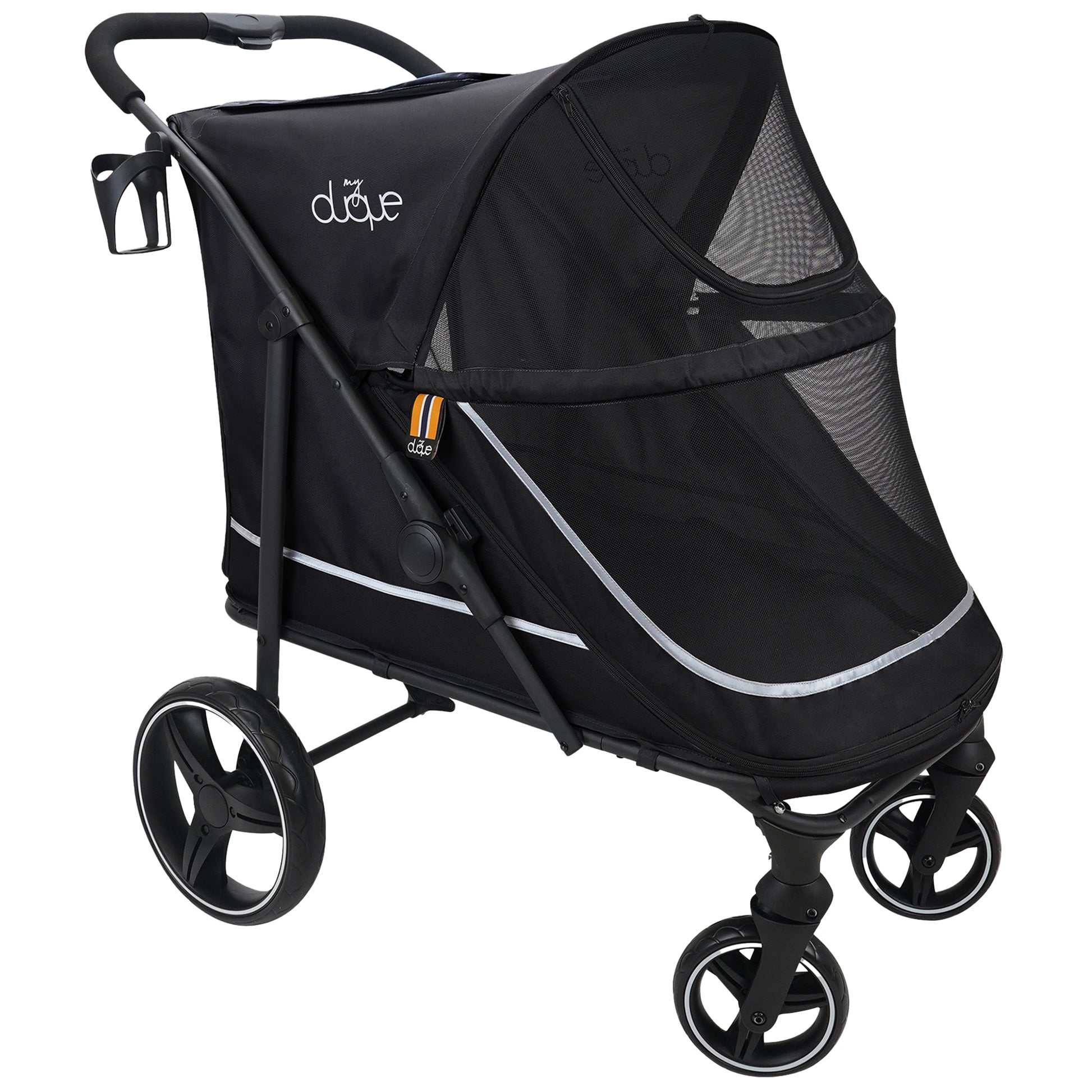 My Duque CHAMP black pet stroller with mesh windows and raincover for dogs