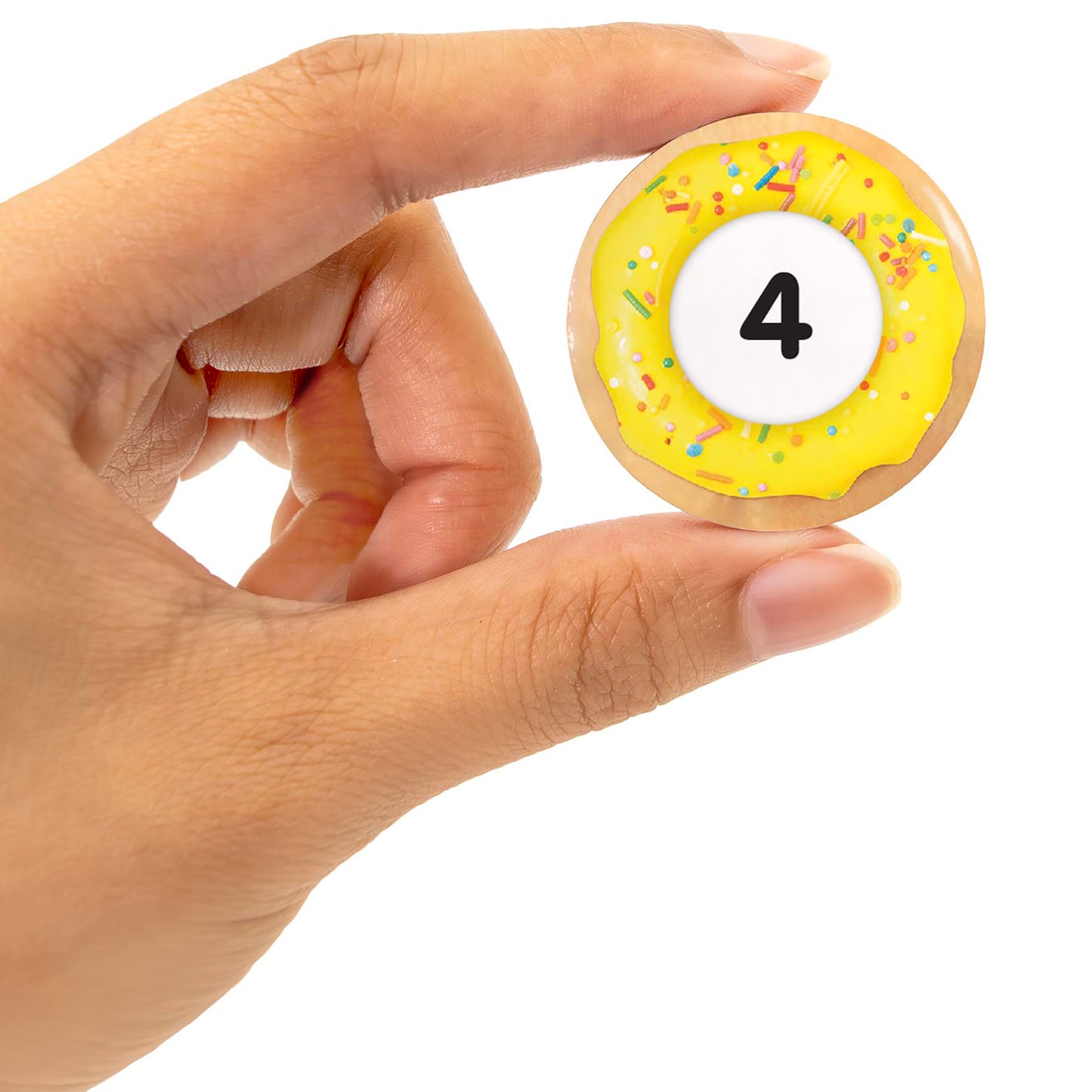 Snacks: Multiplication toy donut with number 4, yellow frosting and colorful sprinkles