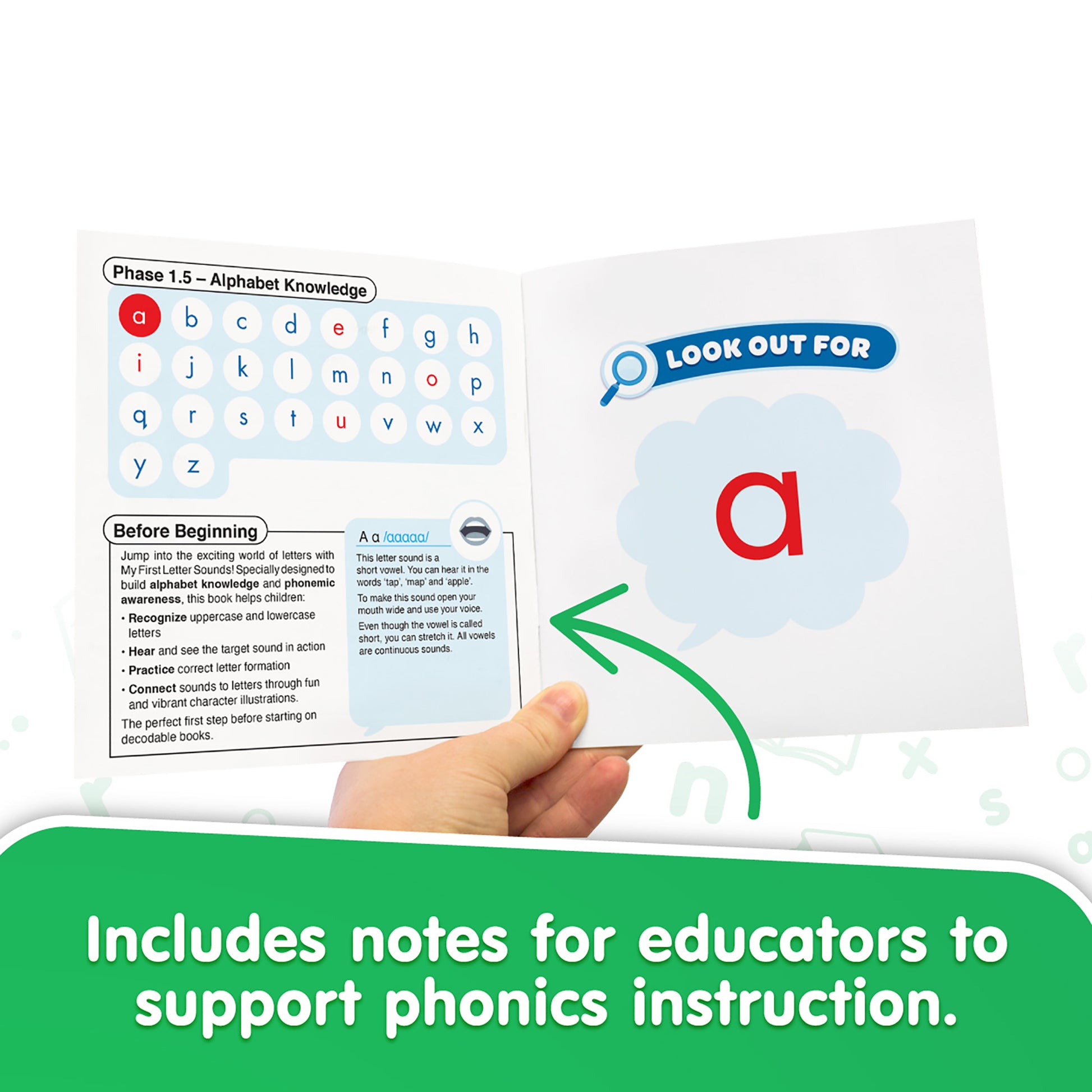 My First Letter Sounds alphabet book set showing letter 'a' with phonics instruction guide for educators