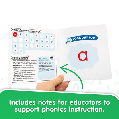 My First Letter Sounds alphabet book set showing letter 'a' with phonics instruction guide for educators