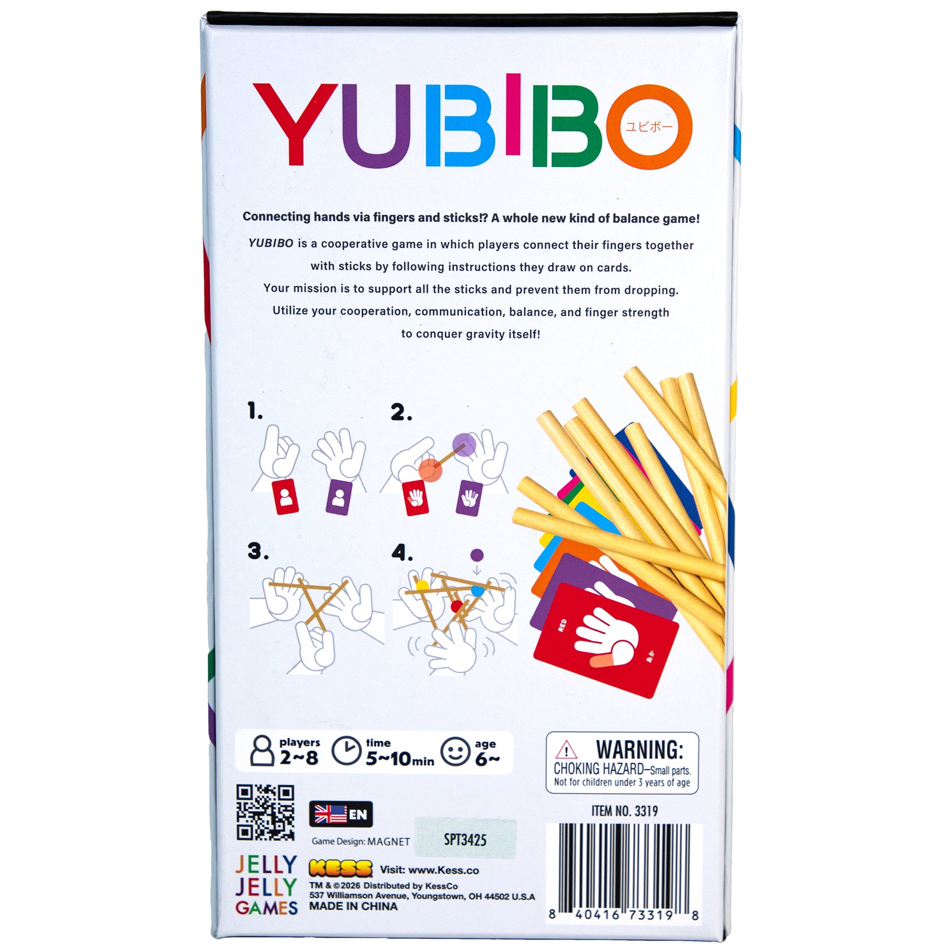 KESS Yubibo cooperative balance game with colorful wooden sticks and instruction cards for 2-8 players