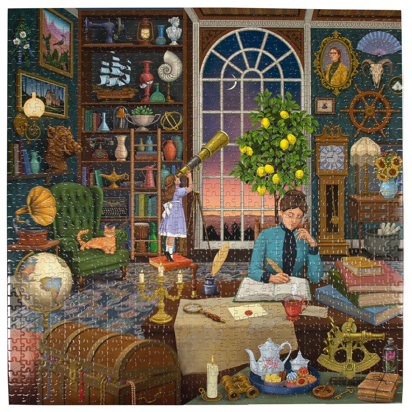 eeBoo Piece&Love Alchemist's Library 1000-piece jigsaw puzzle showing an illustrated fantasy study with shelves of curiosities, a figure at a desk, large window