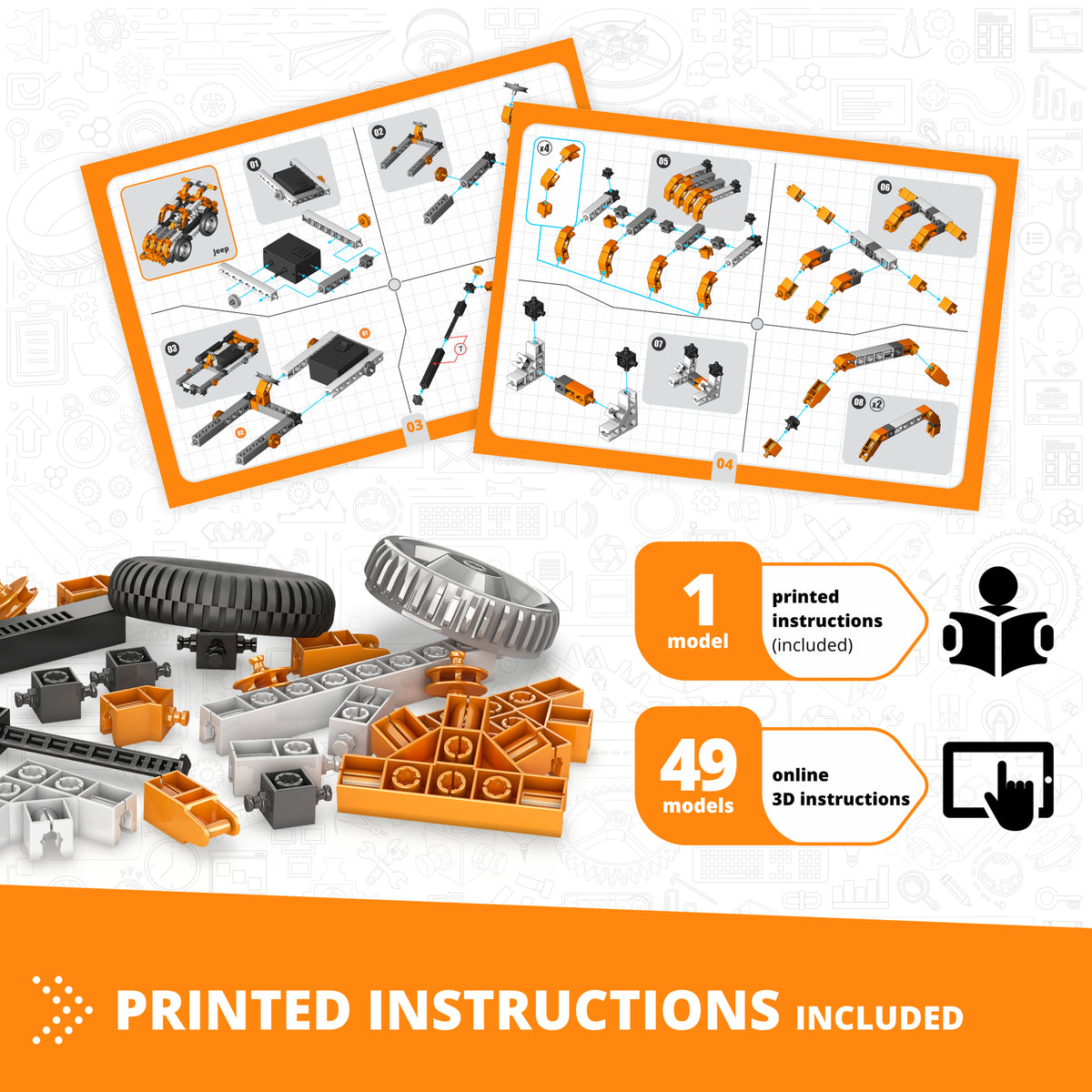 Engino Creative Builder 50-in-1 motorized STEM construction toy set with orange and gray building pieces