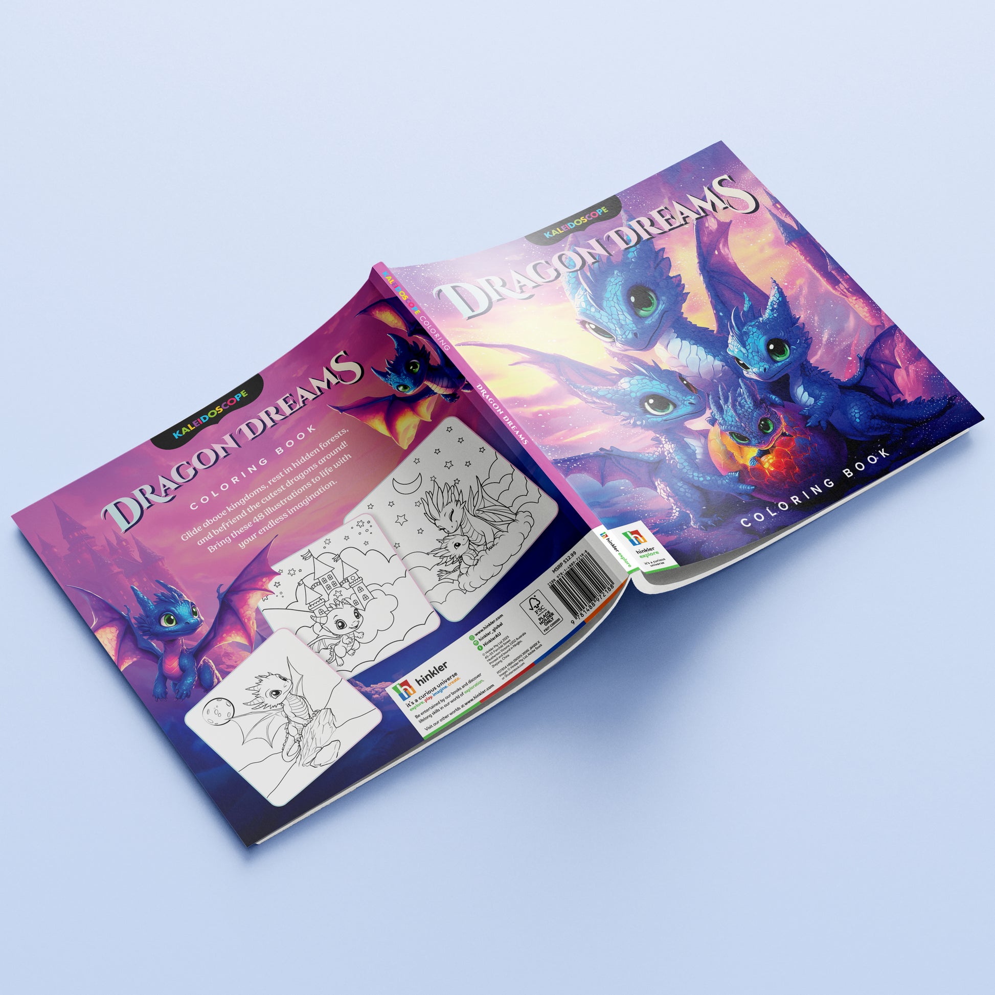 Kaleidoscope Dragon Dreams Coloring Book with purple fantasy dragon artwork and line art pages